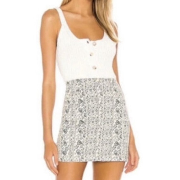 NWT Free People Cream Blue Floral Modern Femme Macadamia Combo Denim Mini Skirt - Picture 1 of 8
